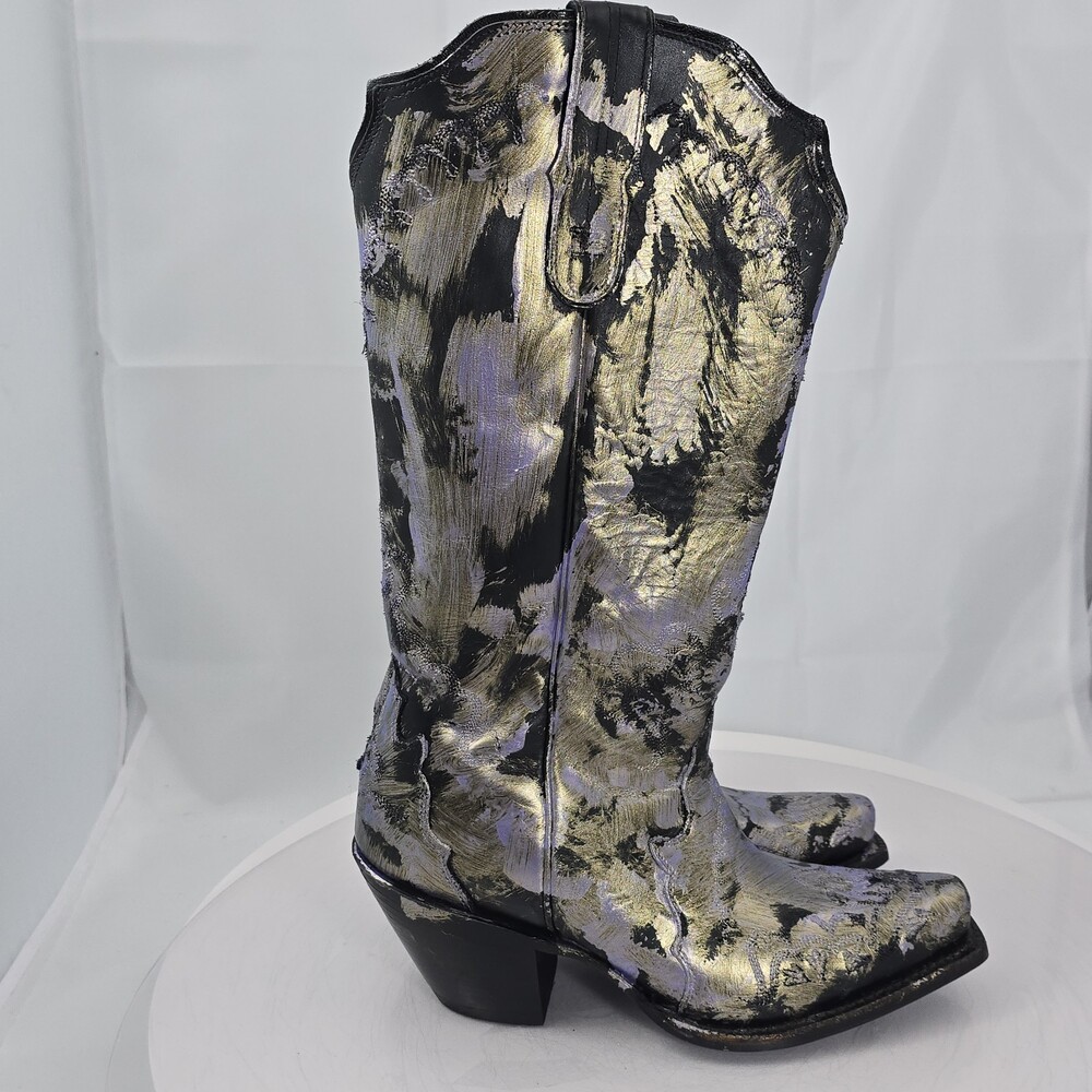 Vintage Tony Lama Black Label W 8 Hand Painted Metallic Tall Western Boots OOAK